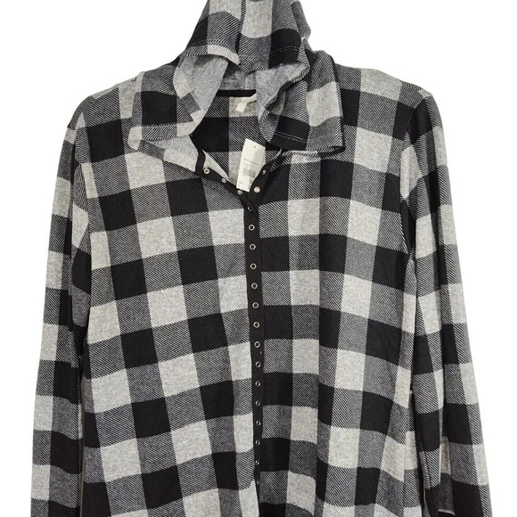 Cato Plaid Snap Front Hooded Black Grey Knit Tunic Top Hi Low Size L NEW w/FLAW - Picture 2 of 8
